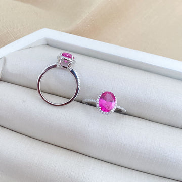 Anel Prata Cravejado Pedra Oval Pink 7mm