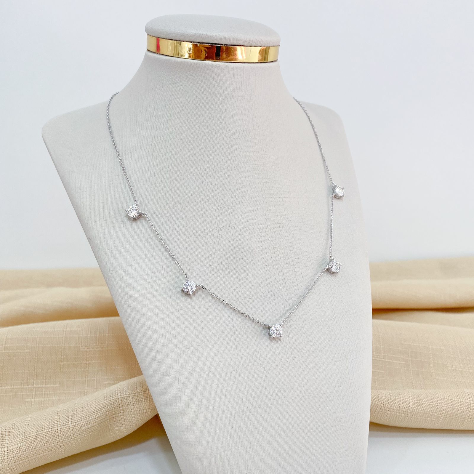 Gargantilha Prata 5 Pontos Luz 45cm 5mm Moissanite