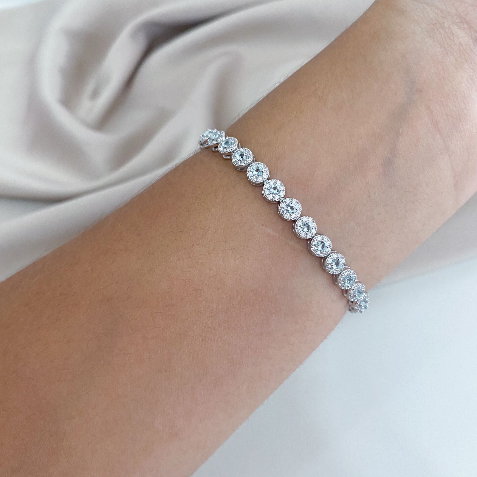 Pulseira Prata Ponto Luz Azul Claro Cravejada 3mm 17cm