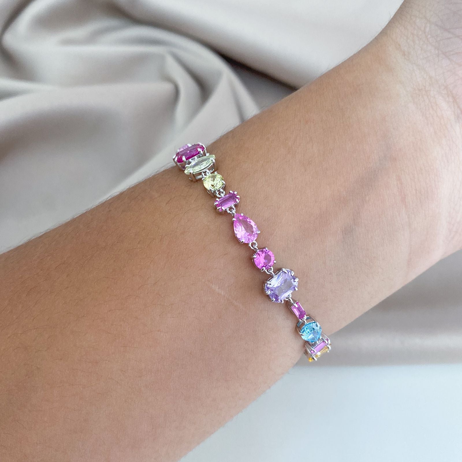 Pulseira Prata Pedras Geometricas Coloridas 17cm