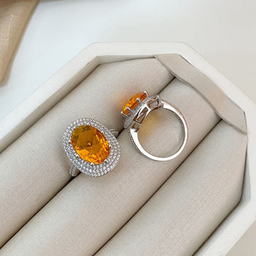 Anel Prata em Pedra Orange Cravejado 10 X14mm