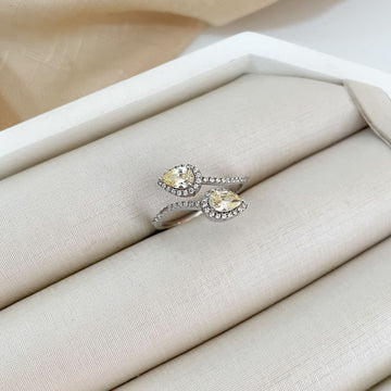 Anel Prata 2 Gotas Amarela Cravejado 6x4mm