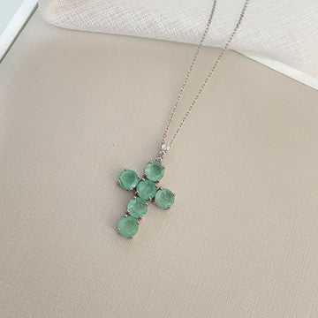Gargantilha Prata Cruz Verde Claro 6mm