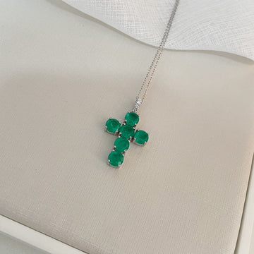 Gargantilha Prata Cruz Verde Escuro 6mm