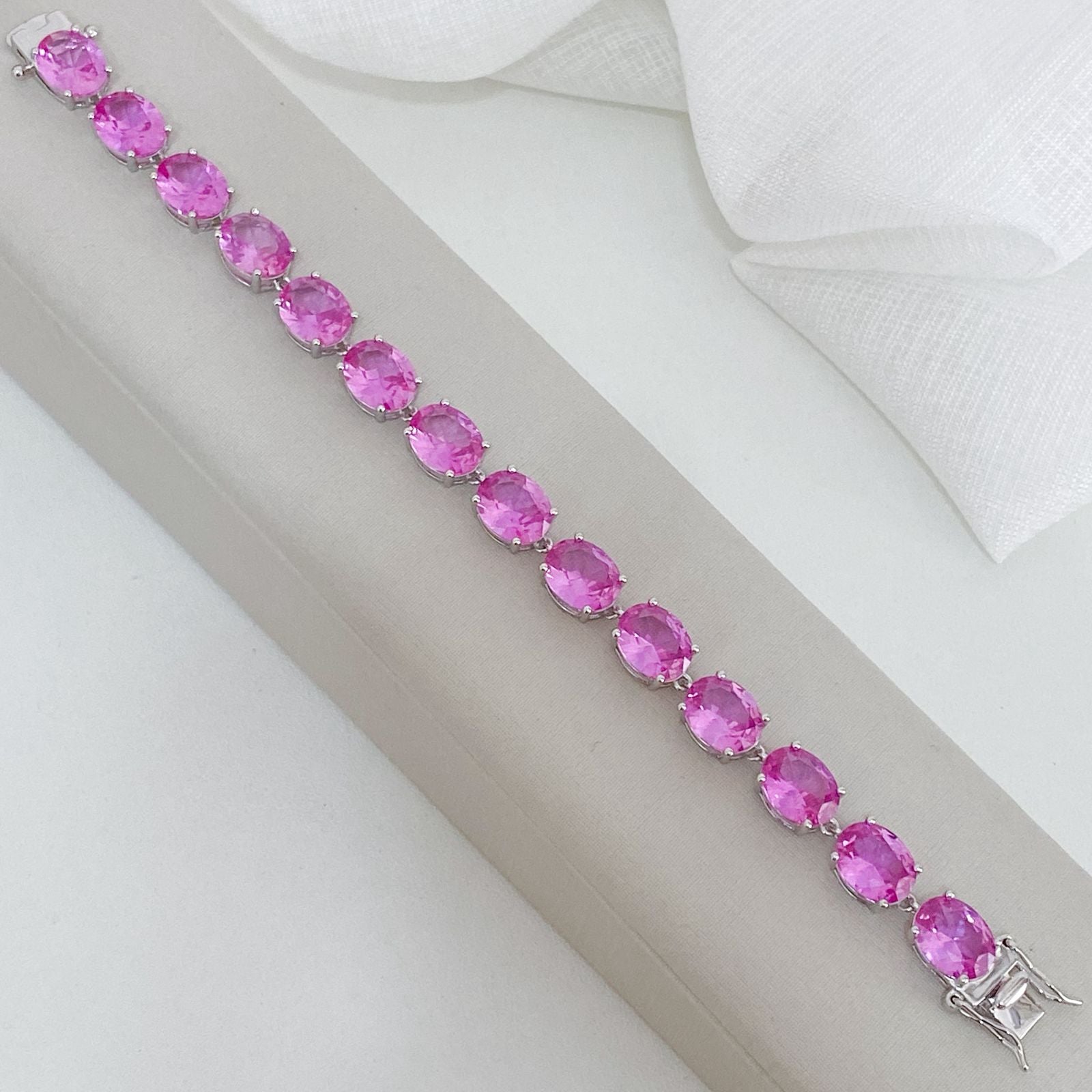 Pulseira Prata Pedra Oval Rosa 10x7mm