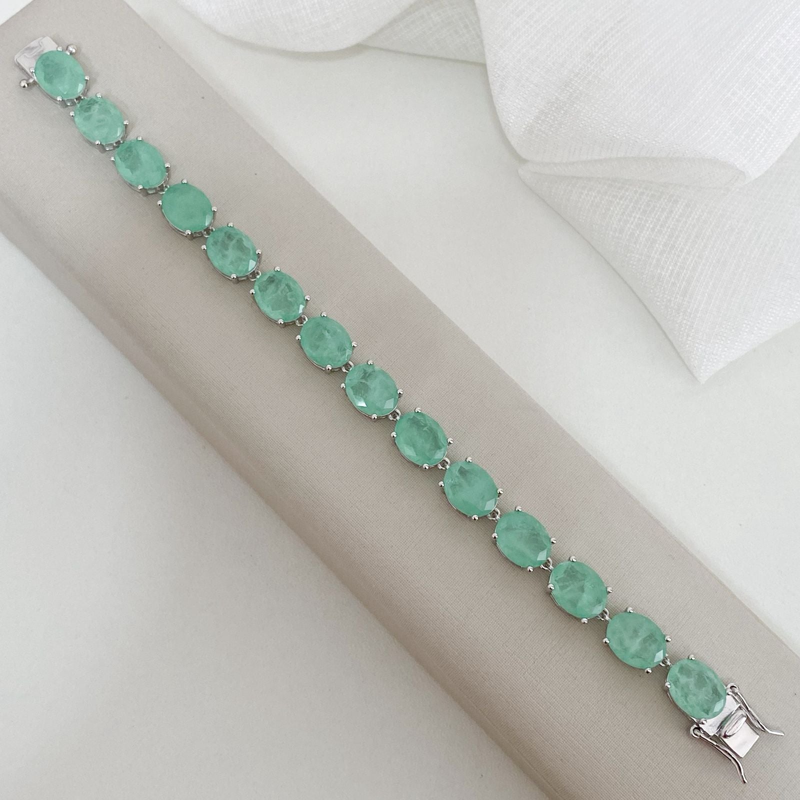 Pulseira Prata Pedra Oval Verde Claro 10x7mm