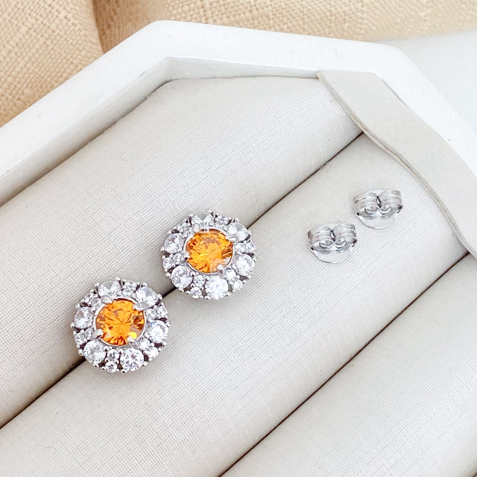 Brinco Prata Red Orange/Cristal 7mm