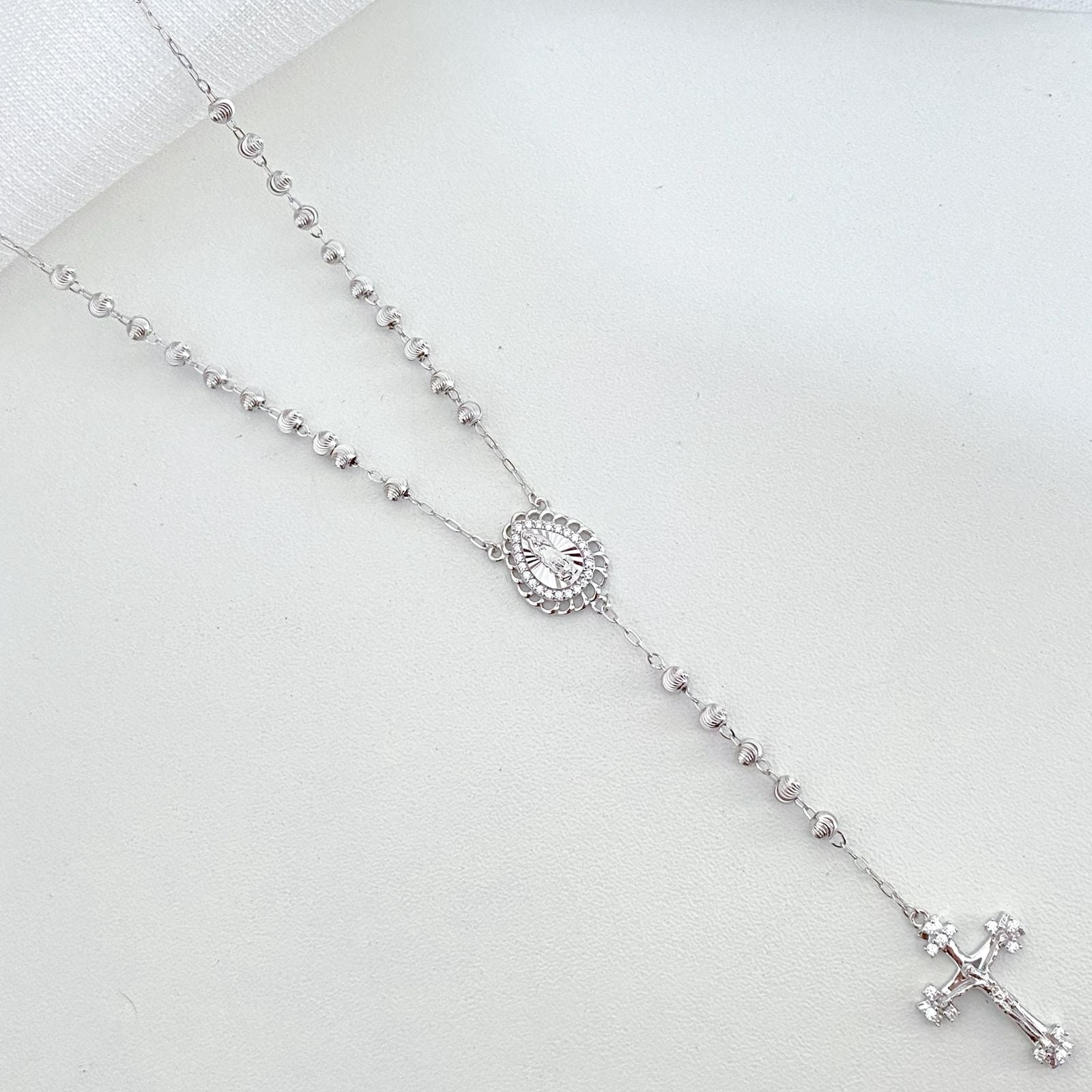 Gargantilha Prata Terço N Sra das Gracas Cravejada 45cm