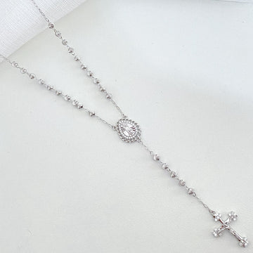 Gargantilha Prata Terço N Sra das Gracas Cravejada 45cm