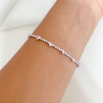 Pulseira Prata Riviera Coração Rosa/Cristal 19cm 4mm