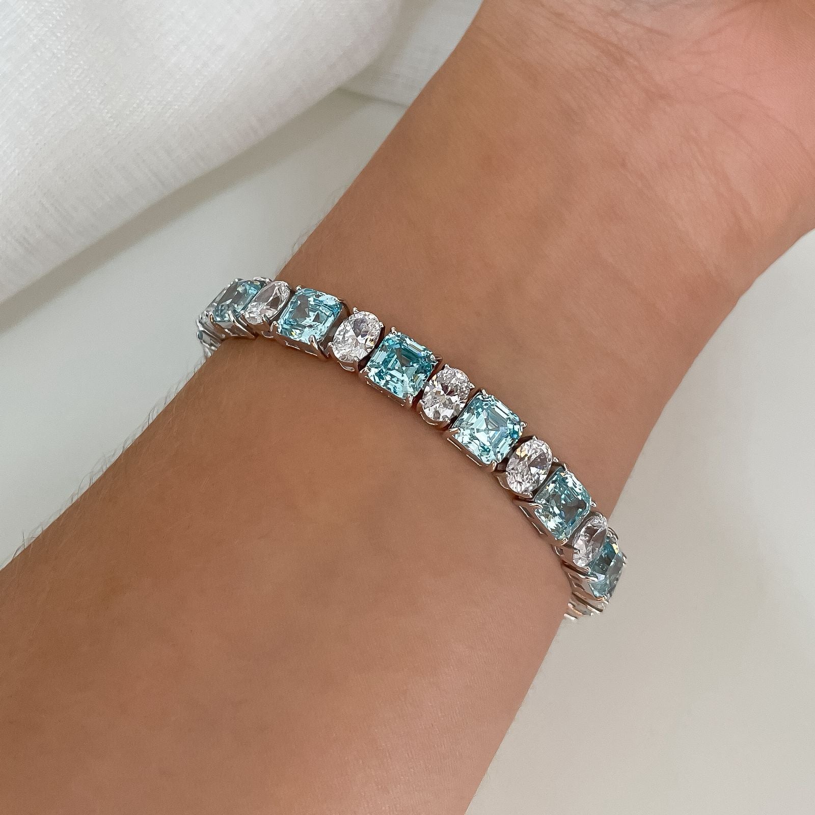 Pulseira Prata Riviera Azul Claro/Cristal 17cm 7mm