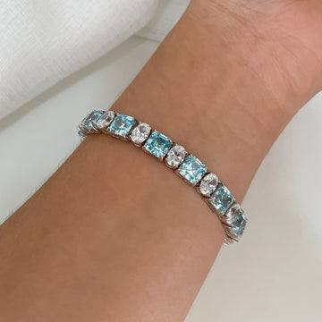 Pulseira Prata Riviera Azul Claro/Cristal 17cm 7mm
