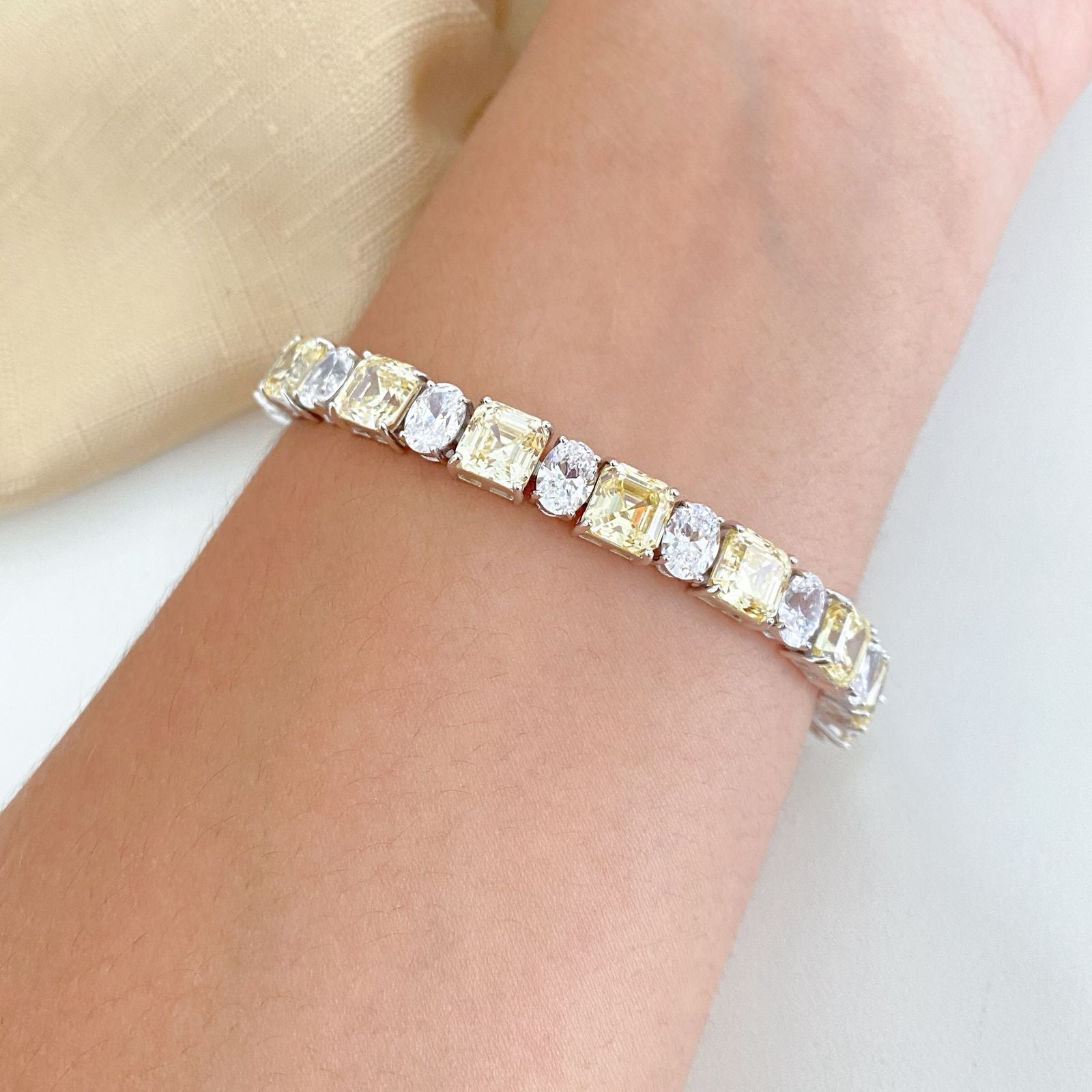 Pulseira Prata Riviera Amarelo Claro/Cristal 17cm 7mm