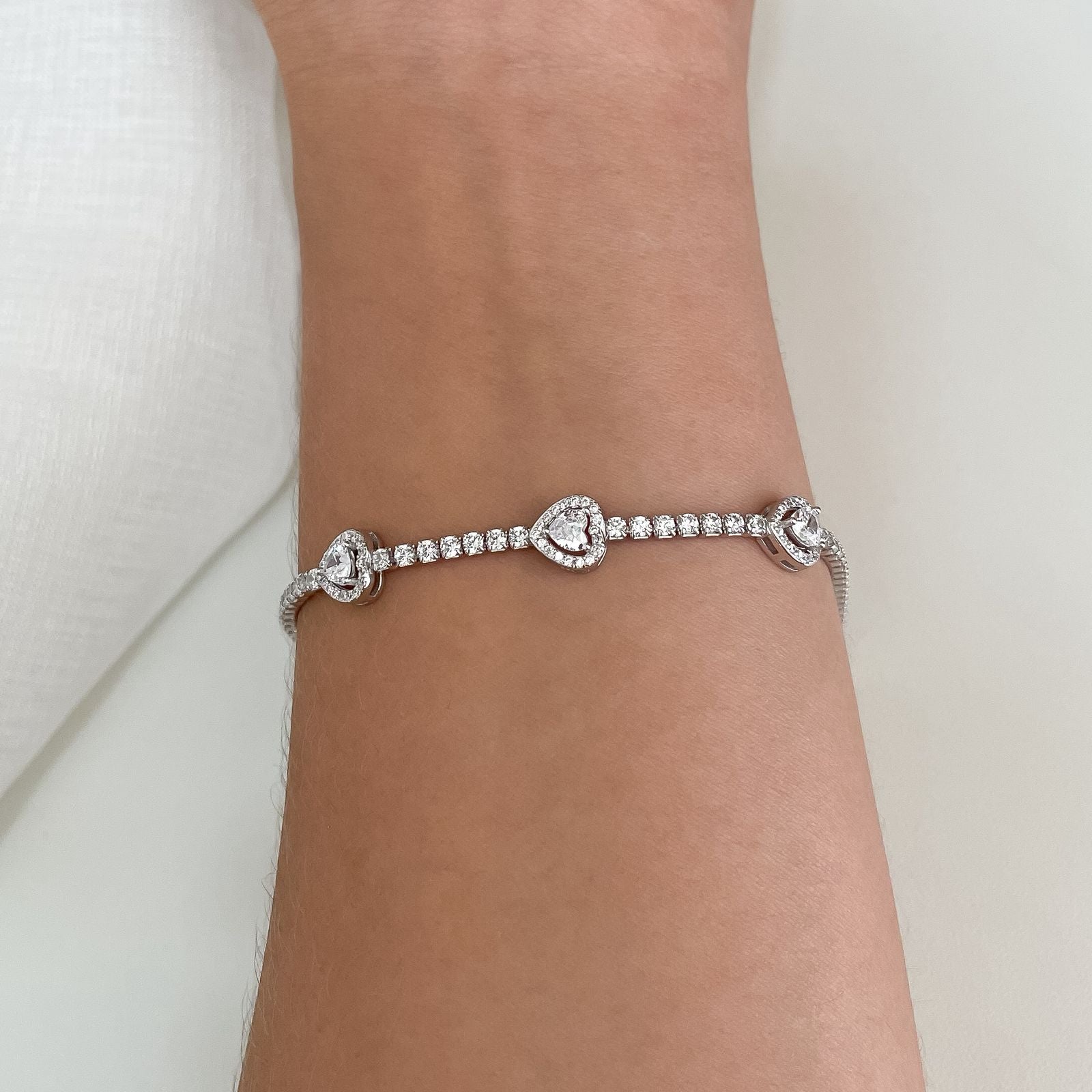 Pulseira Prata Riviera Coração Cristal 16,5cm 4/1mm