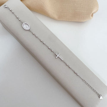 Pulseira Prata N Sra das Graças/Cruz Cravejada 16cm