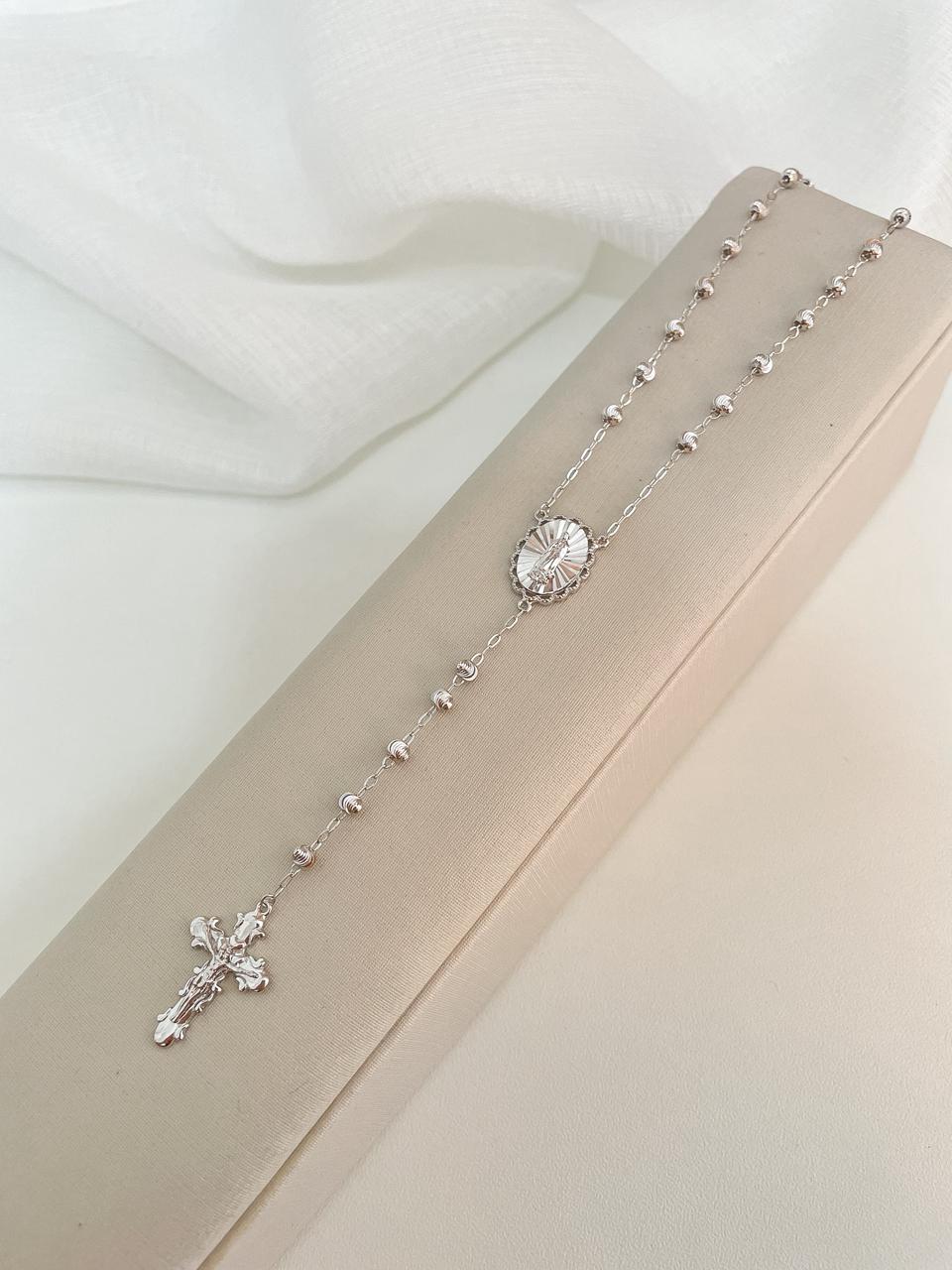 Gargantilha Prata Terço N Sra de Fátima Cravejada 45cm