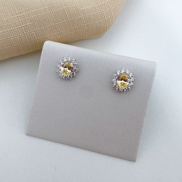 Brinco Prata Oval Amarelo/Cristal Cravejado 8x6mm