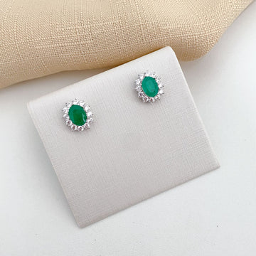 Brinco Prata Oval Verde Escuro/Cristal 8x6mm