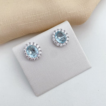 Brinco Prata Oval Azul Claro 10mm