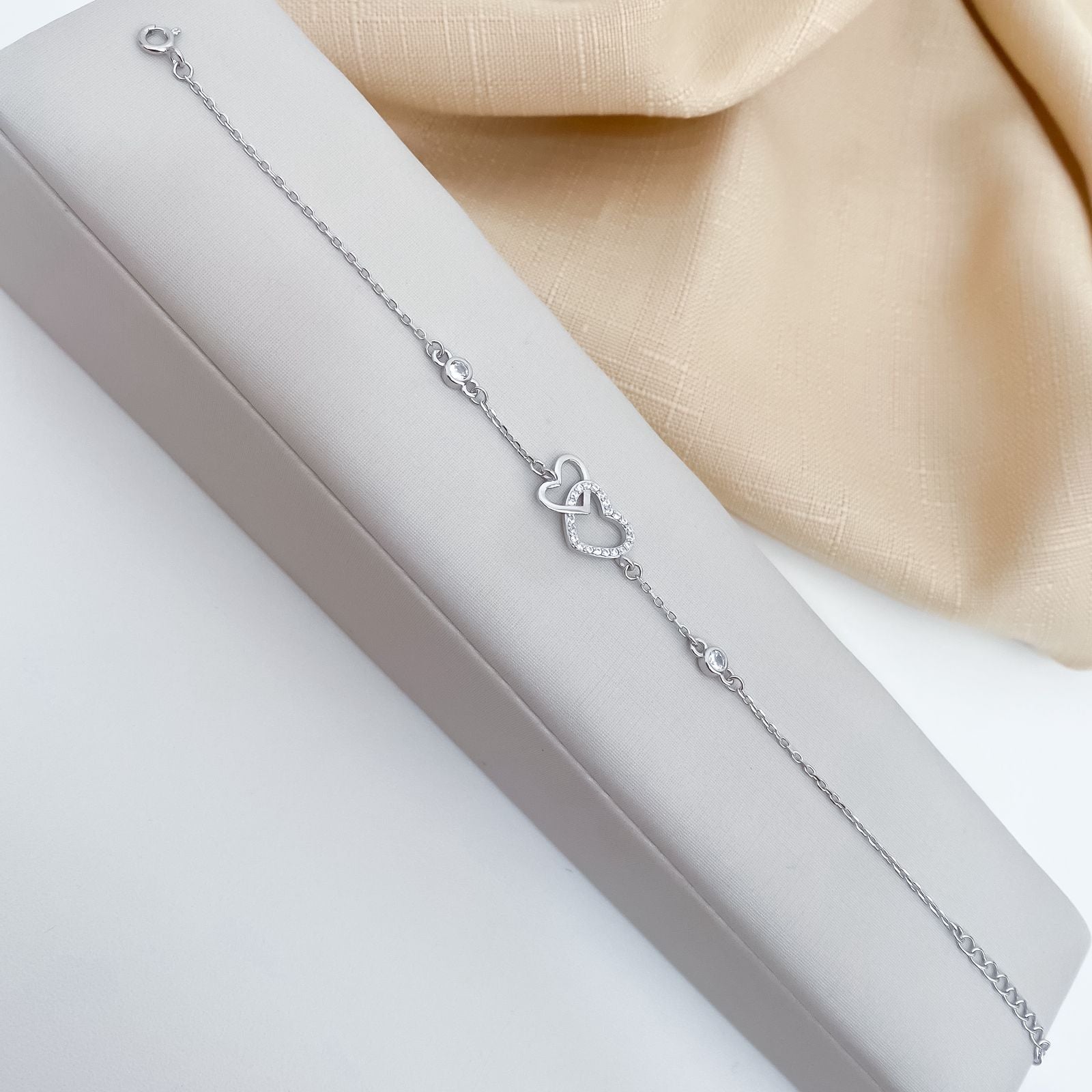 Pulseira Prata 2 Corações Crav/Liso