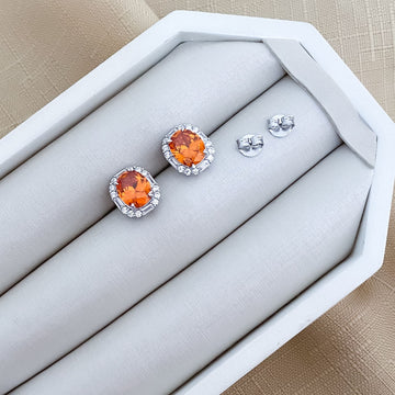 Brinco Prata Red Orange Cravejado 10x8mm