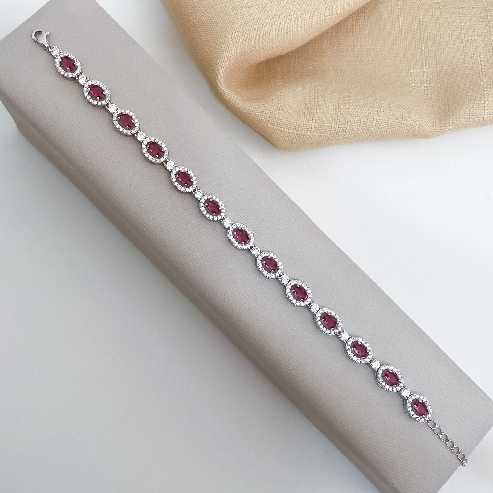 Pulseira Prata Riviera Oval Rosa Claro Cravejada R 16cm 5x3mm