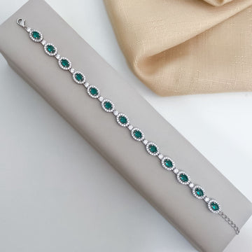 Pulseira Prata Riviera Oval Verde Cravejada R 16cm 5x3mm