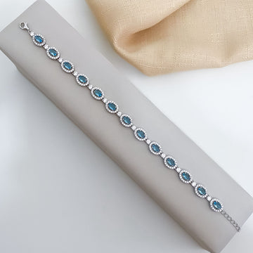 Pulseira Prata Riviera Oval Azul Cravejada R 16cm 5x3mm