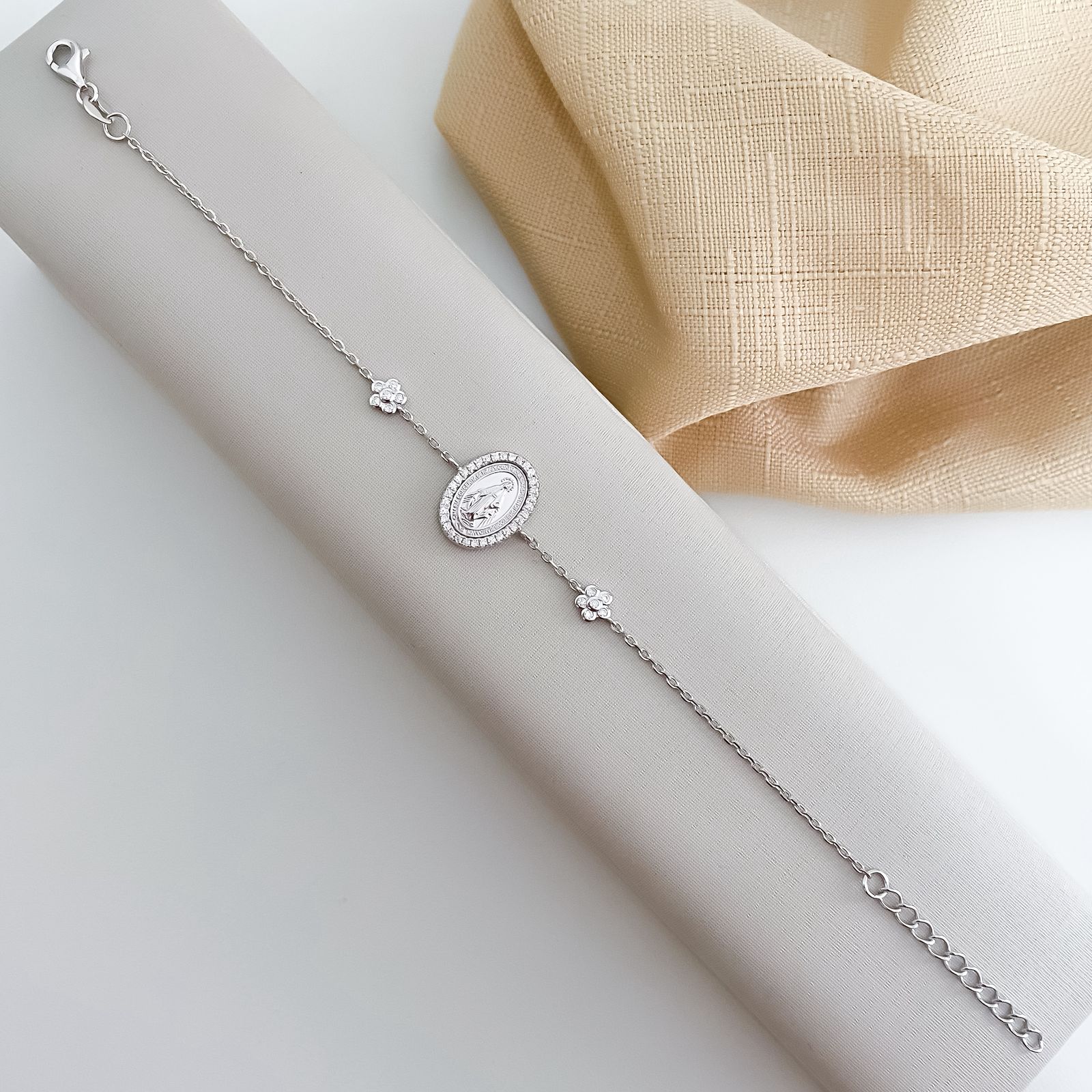 Pulseira Prata N Sra Graças Cravejada 2f 19cm 1,4mm Moissanite