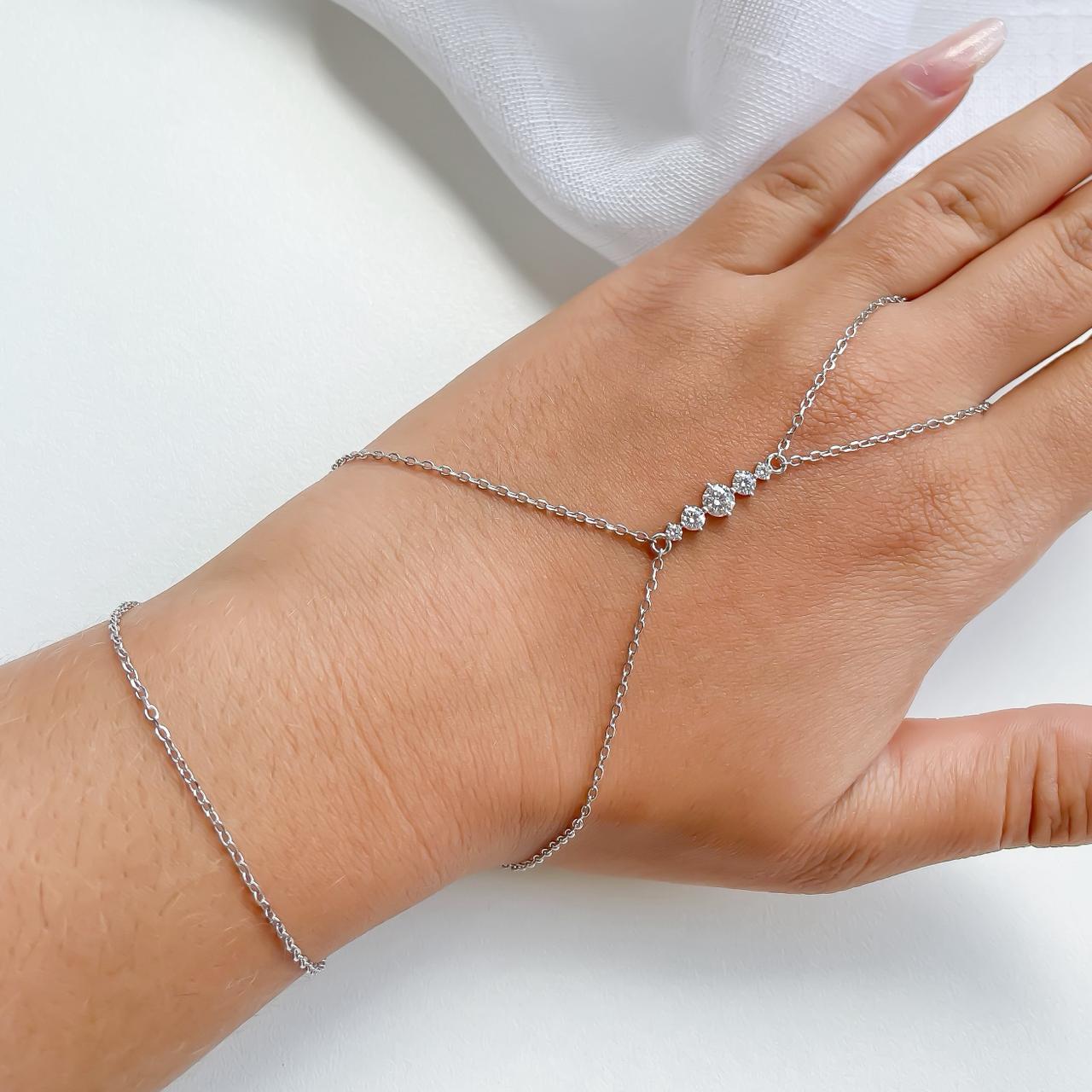 Pulseira Prata de Mão Pedras Cristais 19cm 4mm Moissanite