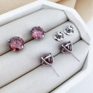 Brinco Prata Ponto Luz Rosa Escuro 12mm