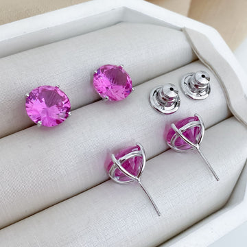 Brinco Prata Ponto Luz Rosa Escuro 12mm