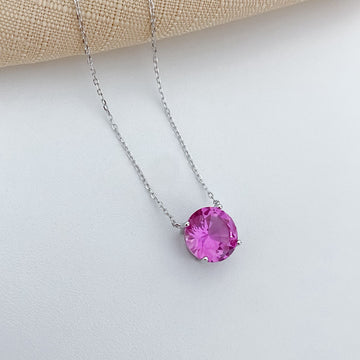 Gargantilha Prata Ponto Luz Rosa Escuro 12mm