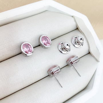 Brinco Prata Pedra Rosa Cravejada