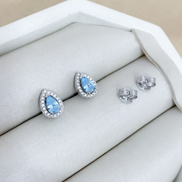 Brinco Prata Gota Azul Claro Cravejado 6x3mm
