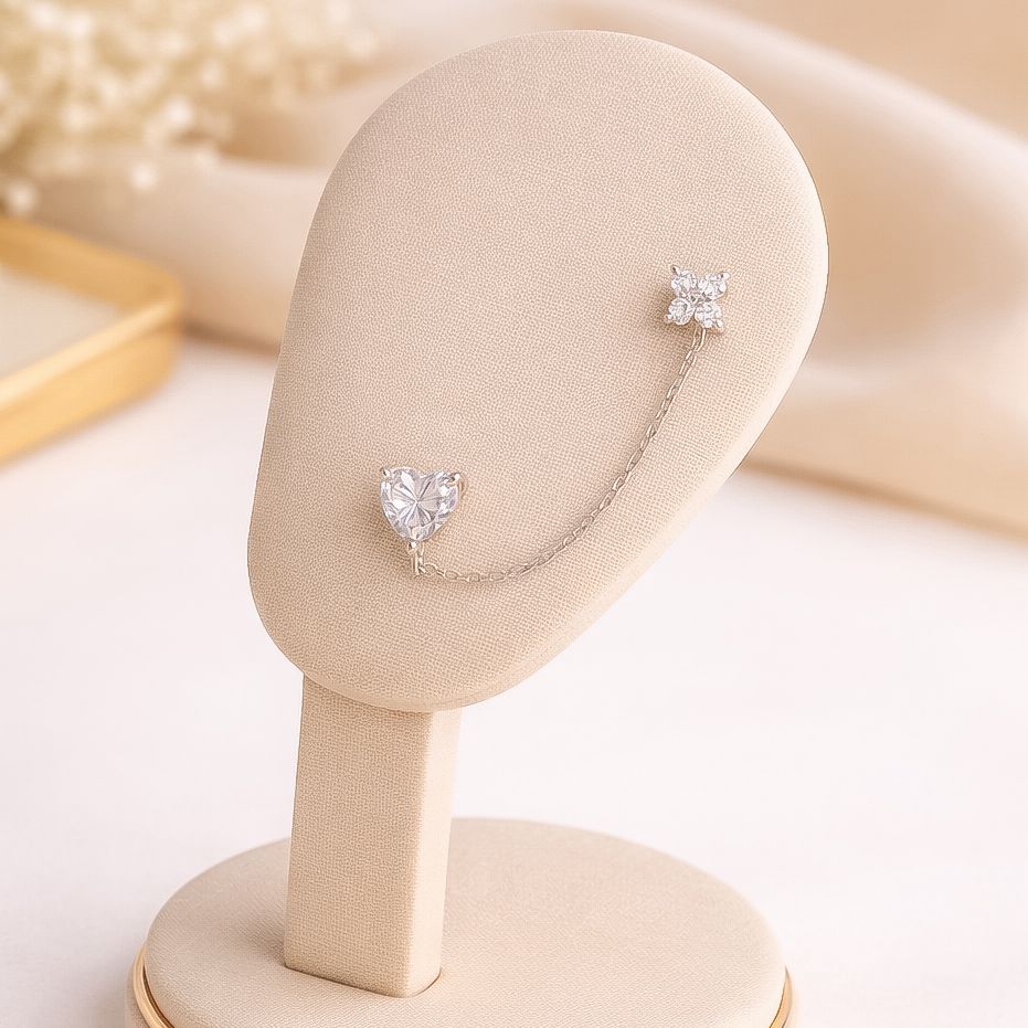 Brinco Prata Corrente Coração/Flor Cravejado 6.0mm Moissanite