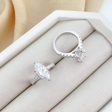 Anel Prata Solitário Navete Cristal 14x7mm Moissanite