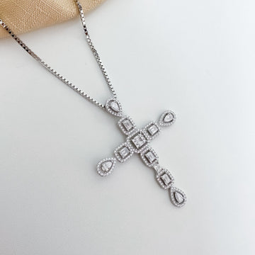 Gargantilha Prata Cruz Cravejada 45cm 4x3mm Moissanite