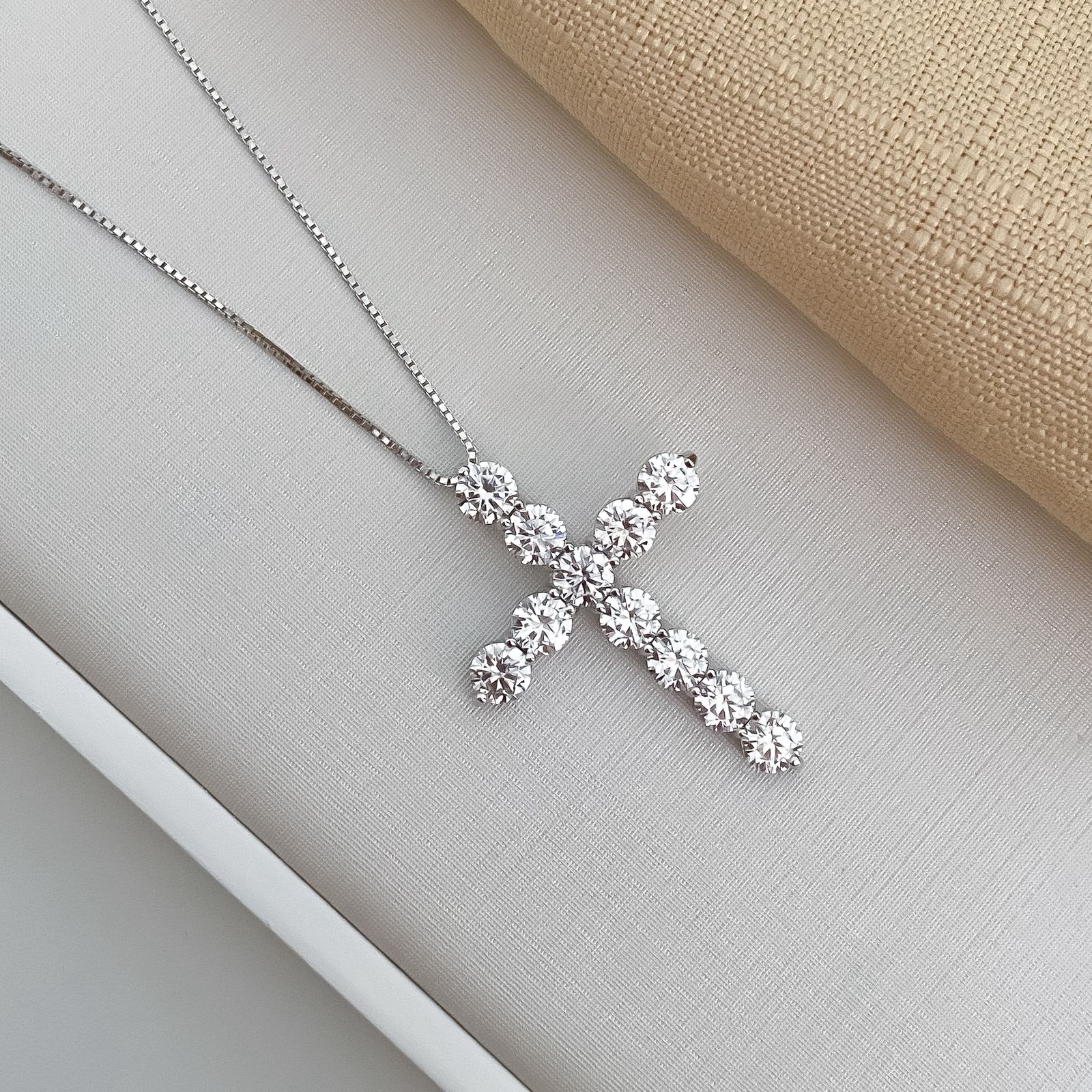 Gargantilha Prata Cruz Cristal 45cm 5mm Moissanite