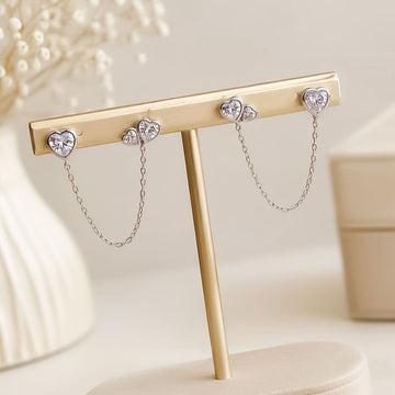 Brinco Prata Corrente/Corações Cristal 5x4mm