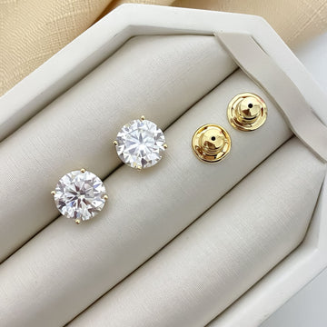 Brinco Prata Ponto Luz Dourado 12mm Moissanite