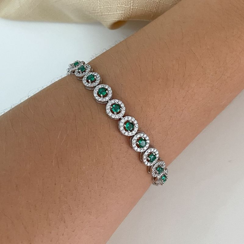 Pulseira Prata Pedra Red Cravejada Verde