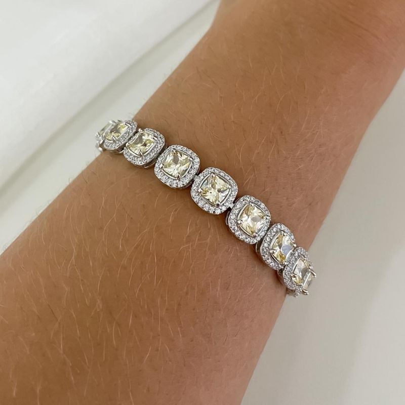 Pulseira Prata Riviera Cravejada Amarela 5mm 17cm