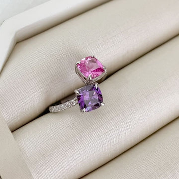 Anel Prata 2 Pedra Rosa Roxa Cravejado