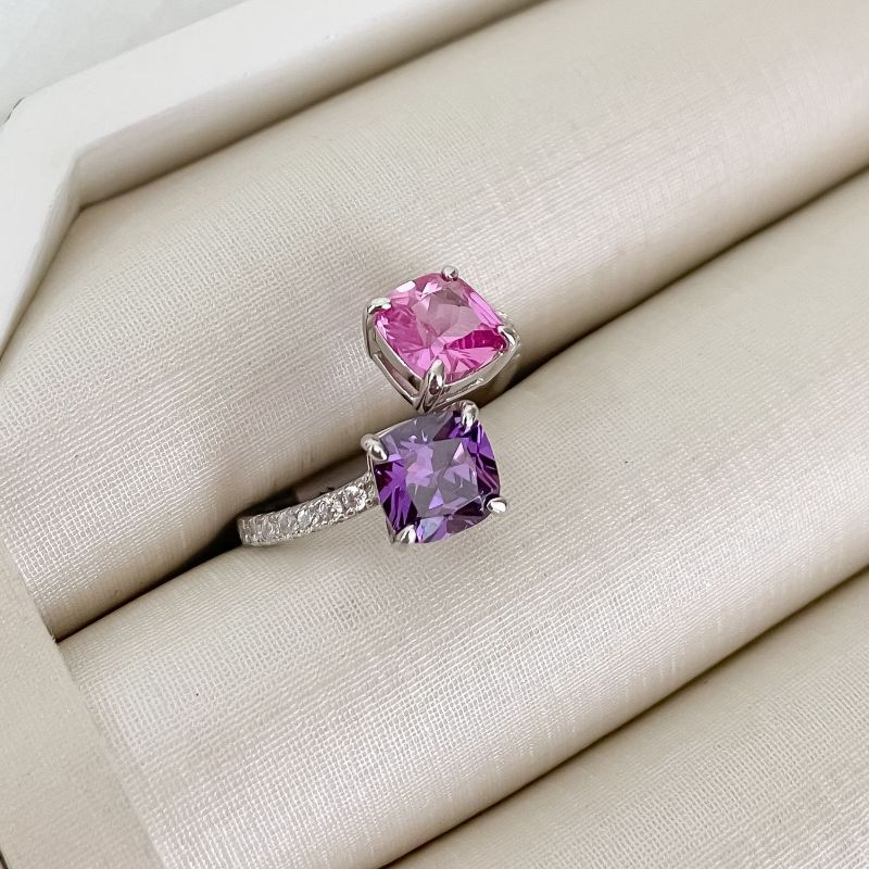 Anel Prata 2 Pedra Rosa Roxa Cravejado