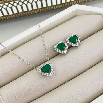 Conjunto Prata Coração Verde Cravejado