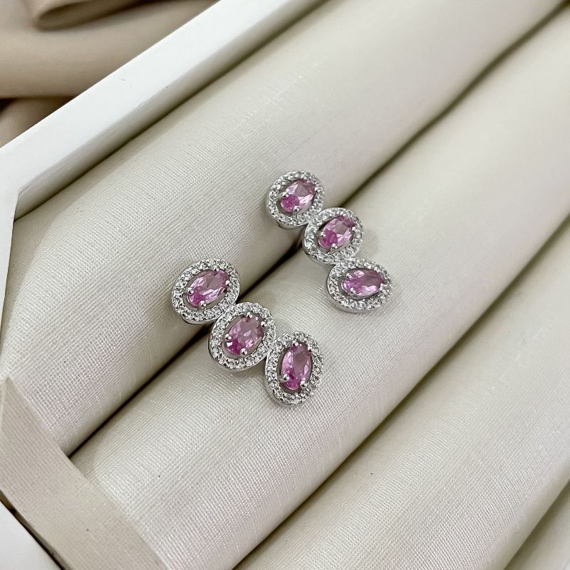 Brinco Prata Earcuff 3p Rosa Cravejado