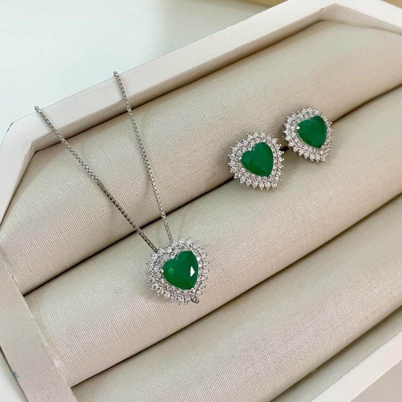 Conjunto Prata Coração Verde Cravejada 45cm 7mm