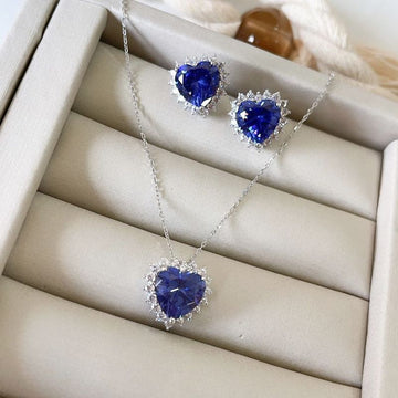 Conjunto Prata Coração Roxo Cravejado