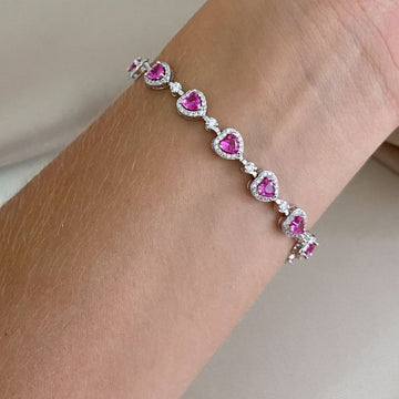 Pulseira Prata Coração Cravejada Rosa 3mm